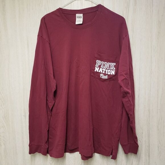 PINK Nation Burgundy Long Sleeve Front Pocket Tee Size Large - Picture 2 of 6